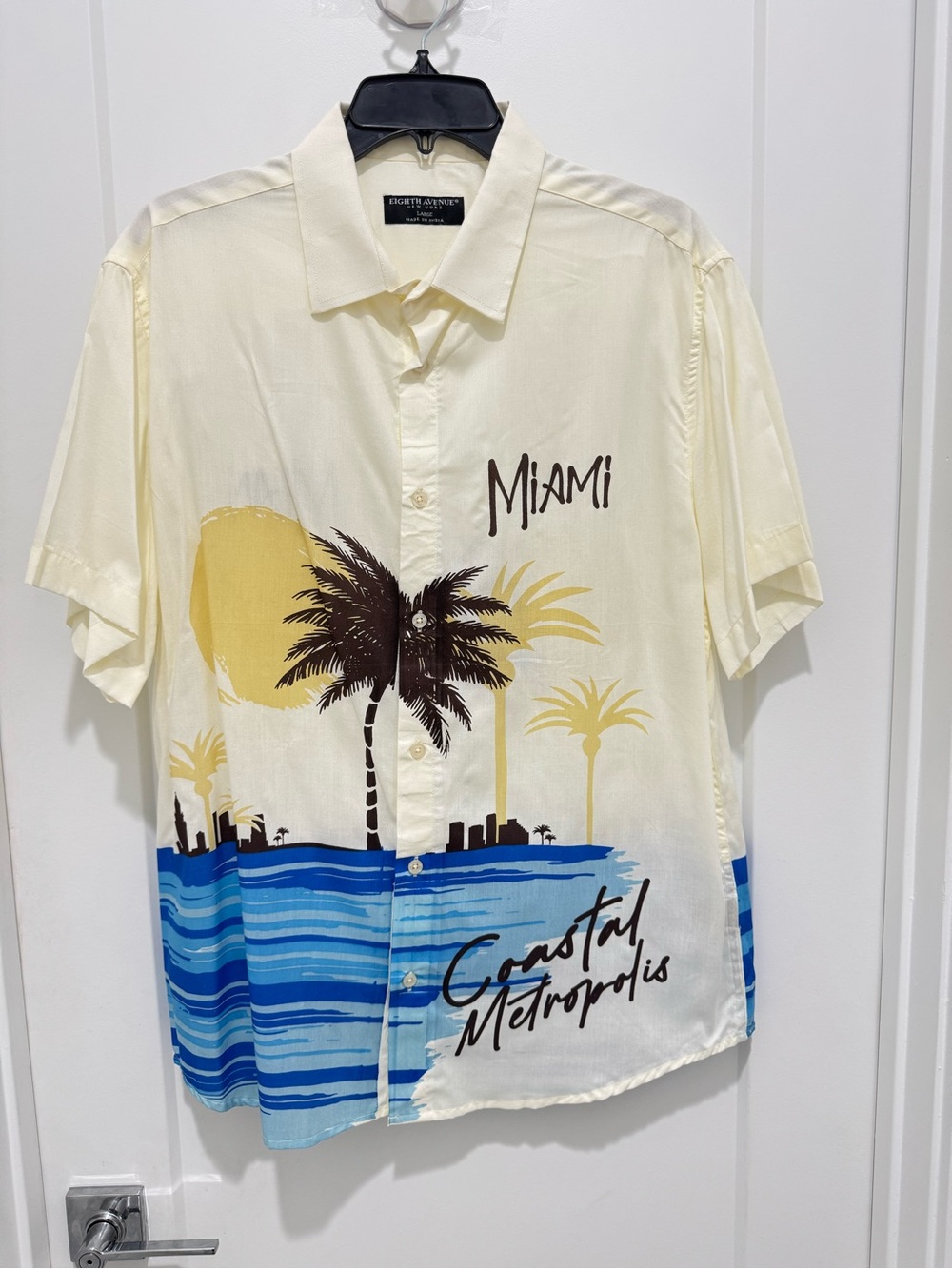 Miami Cream Yellow Blue Coastal Graphic Short-Sleeve Button-Down Shirt